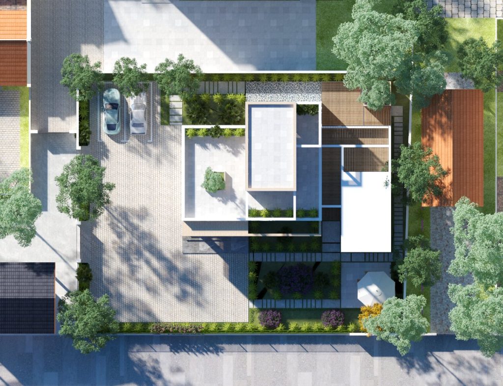 Mặt bằng tổng thể kiến trúc công trình thể hiện trên 3D được thiết kế bởi CTY CP KIẾN TRÚC HP