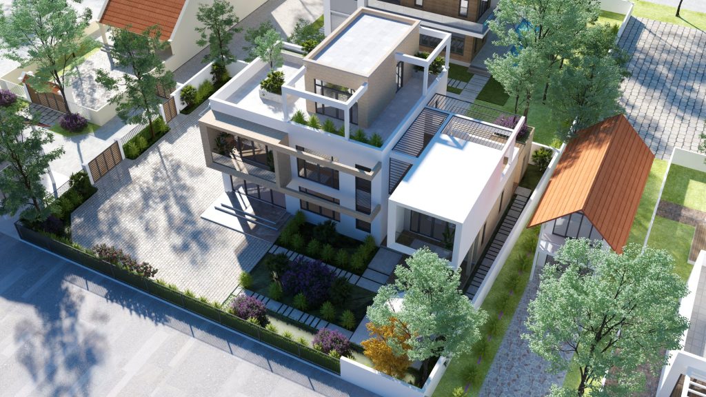 Phối cảnh tổng thể kiến trúc công trình thể hiện trên 3D được thiết kế bởi CTY CP KIẾN TRÚC HP